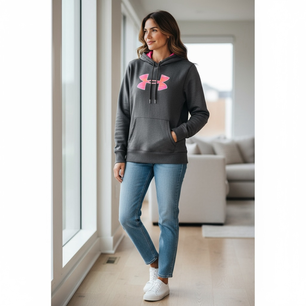 Under Armor Storm1 Women's Large Dark Gray & Pink Logo Long Sleeve Fleece Hoodie - Picture 3 of 15